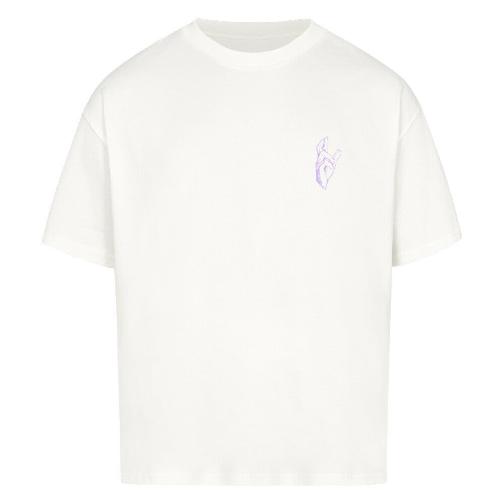 White oversized heavyweight tee, flat front view with small purple chest print