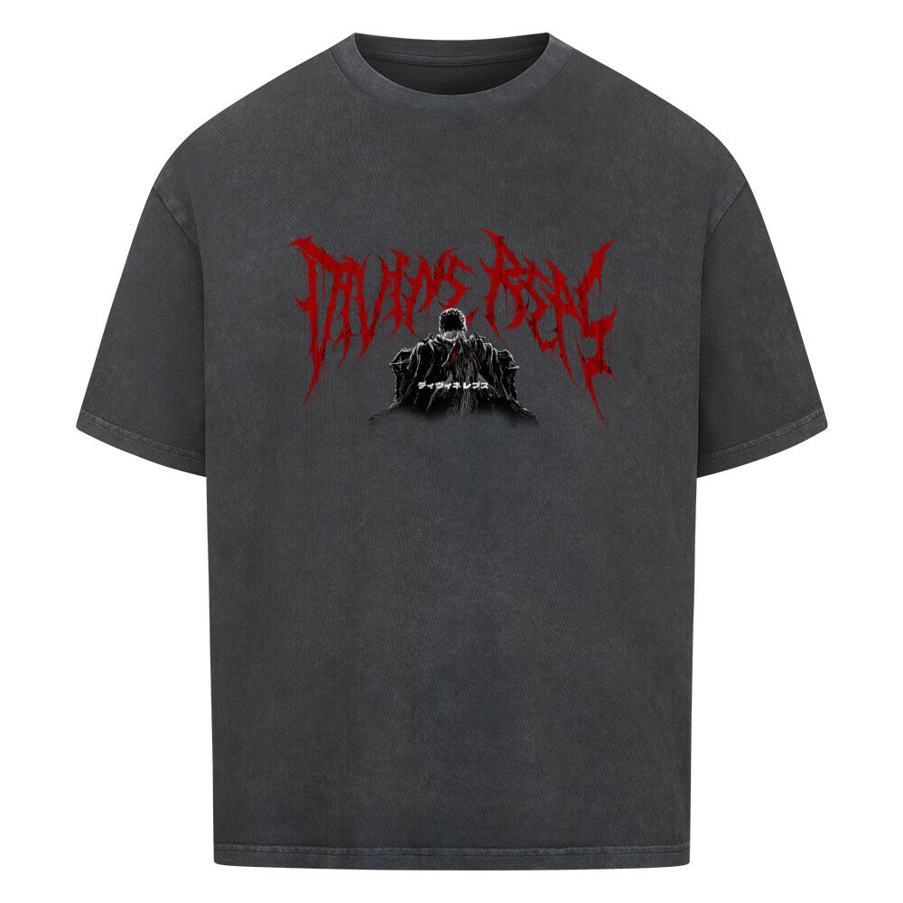 Washed black oversized heavyweight tee, flat front view with red Divine Reps chest logo