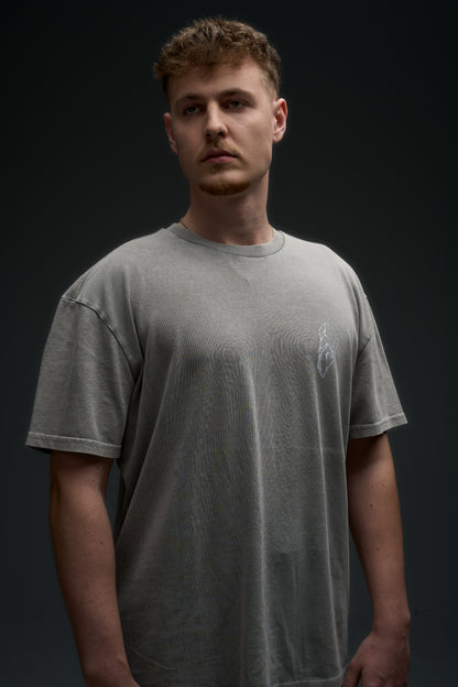 Model wearing the washed grey Gojo armor tee - front view, oversized 240 GSM drop-shoulder fit