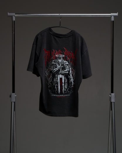 Washed black Guts Dark Edition tee on a rack - back view with large armored warrior print