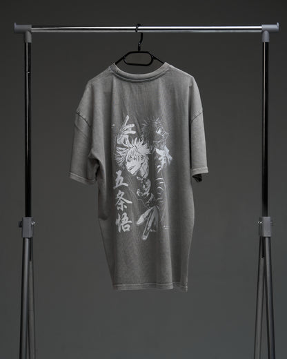 Washed grey Gojo armor tee on a rack - back view with large character print and kanji