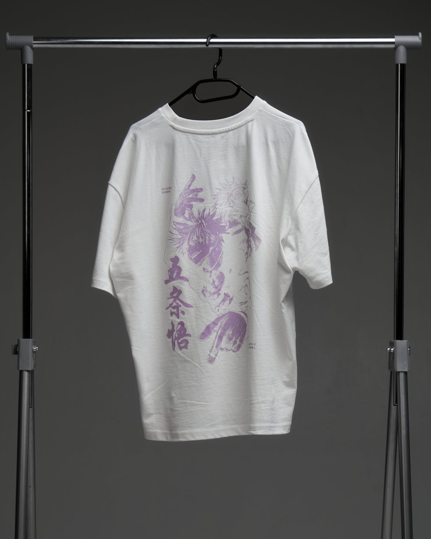 White Hollow Purple armor tee on a rack - back view with large purple character print and kanji