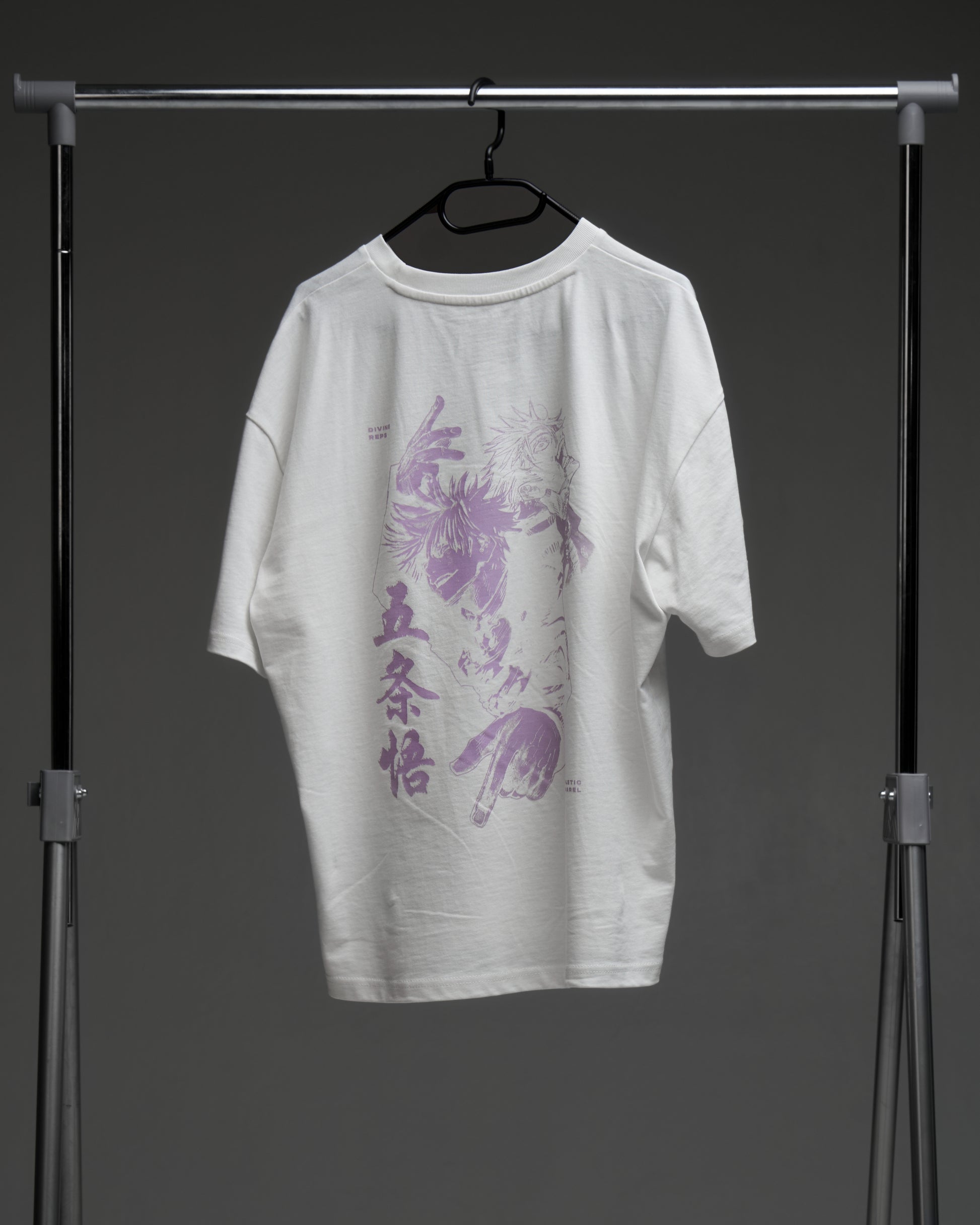 White Hollow Purple armor tee on a rack - back view with large purple character print and kanji