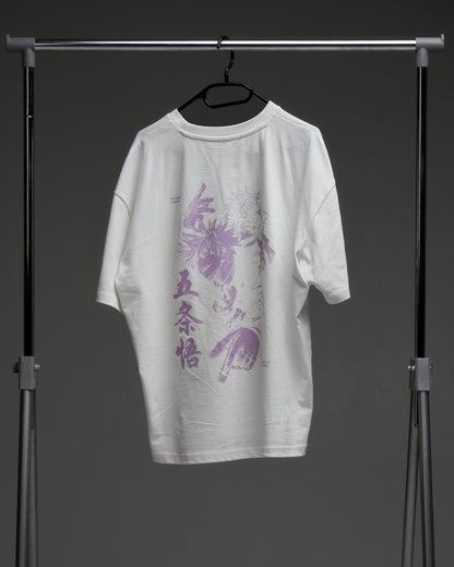 White Hollow Purple armor tee on a rack - back view with large purple character print and kanji