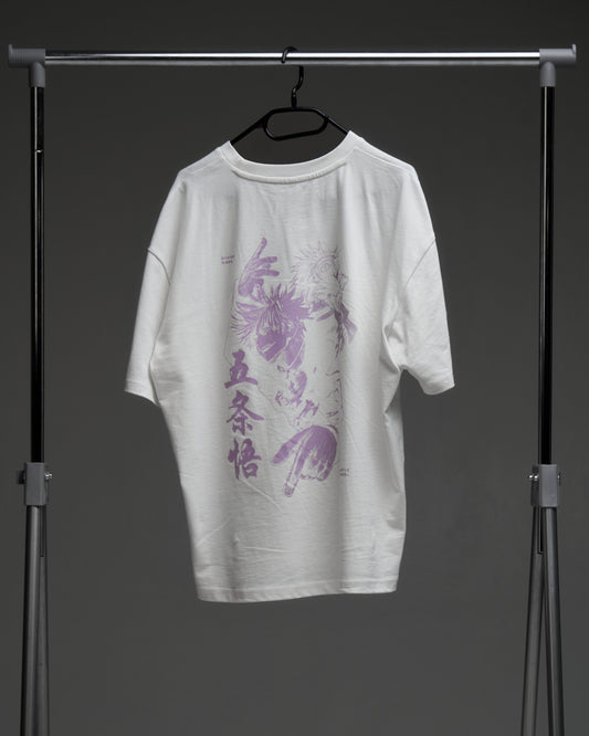 White Hollow Purple armor tee on a rack - back view with large purple character print and kanji