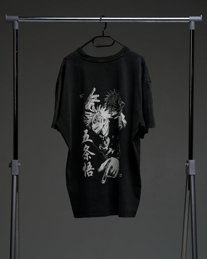 Black Gojo armor tee on a rack - back view with large monochrome character print and kanji