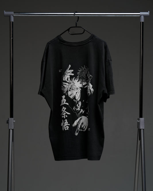 Black Gojo armor tee on a rack - back view with large monochrome character print and kanji