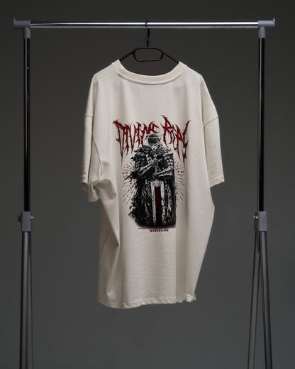 Natural raw Guts armor tee on a rack - back view with large armored warrior print